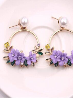 NEW Rebecca Purple Floral Gold Circle Drop Earrings